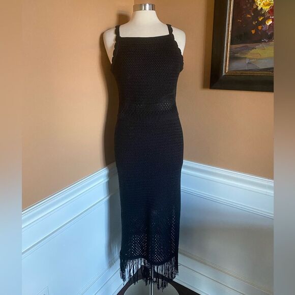 House of Harlow 1960 Knit 2 piece top with maxi fringe skirt black M - Picture 2 of 11